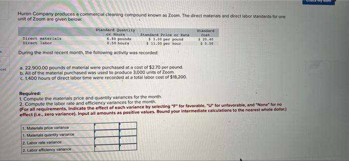 K Aces Huron Company Produces A Commercial Cleaning Compound Known As Zoom The Direct Materials And Direct Labor Stan 1