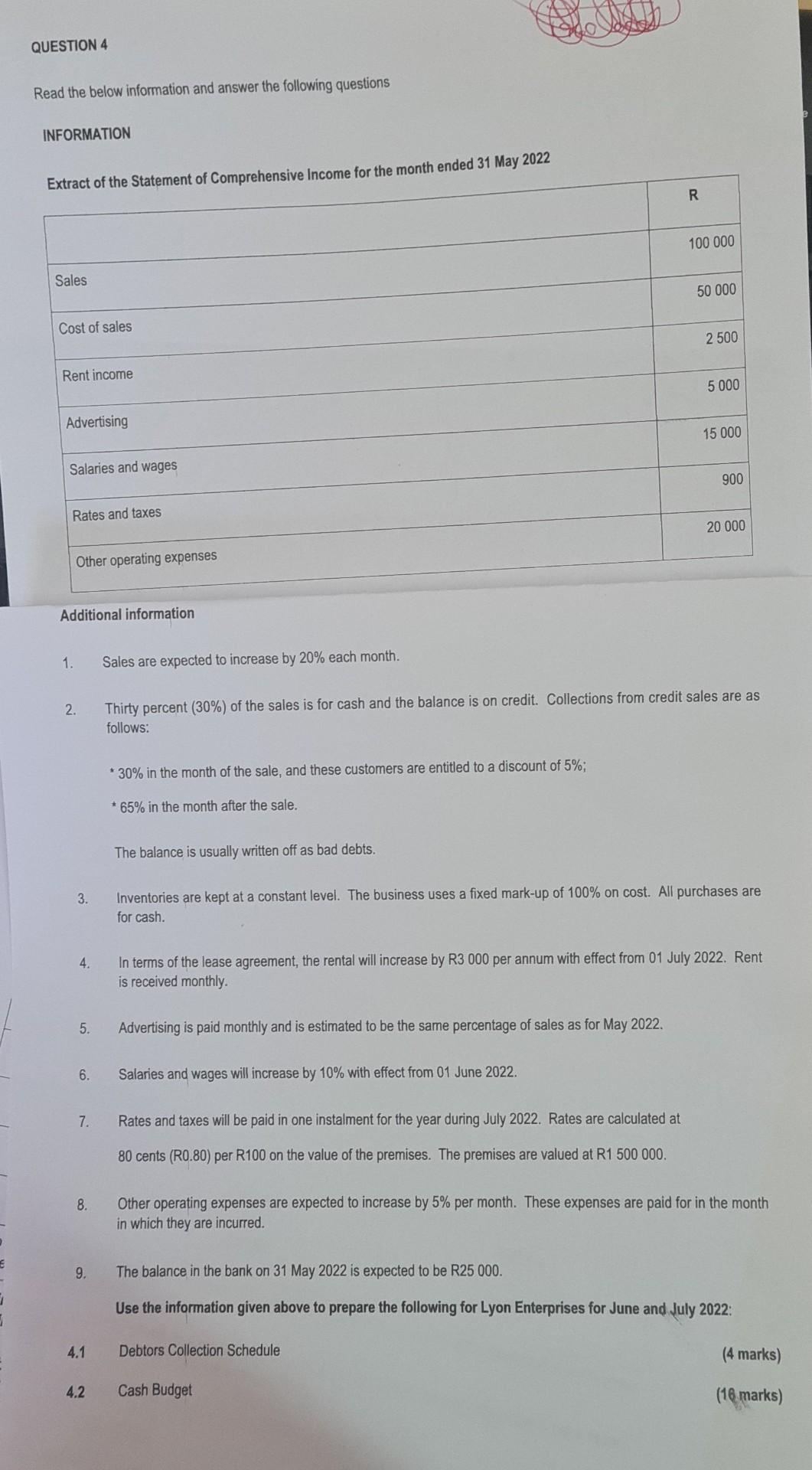 Question 4 Read The Below Information And Answer The Following Questions Information Extract Of The Statement Of Compr 1