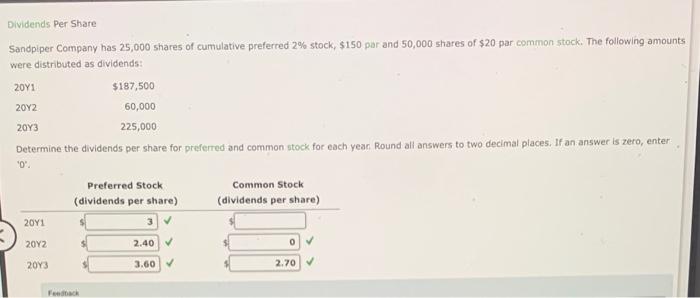 Dividends Per Share Sandpiper Company Has 25 000 Shares Of Cumulative Preferred 2 Stock 150 Par And 50 000 Shares Of 1