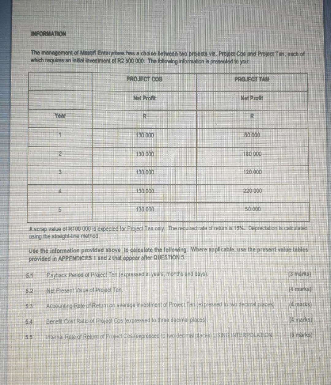 Information The Management Of Mastiff Enterprises Has A Choice Between Two Projects Viz Project Cos And Project Tan Ea 1