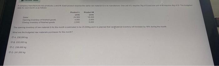 At Discount Mere A Company Manufactures Two Products Land M Each Product Requires The Same Raw Material In Its Manufac 1