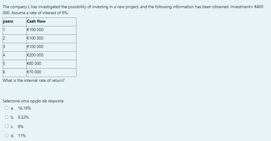 The Company L Has Investigated The Possibility Of Investing In A New Project And The Following Information Has Been Obt 1