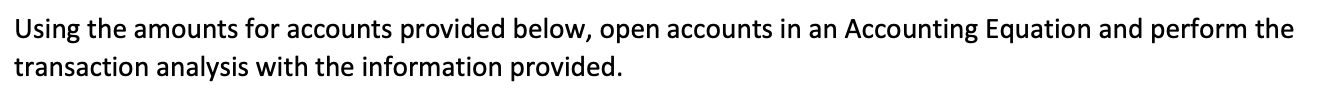 Using The Amounts For Accounts Provided Below Open Accounts In An Accounting Equation And Perform The Transaction Analy 1