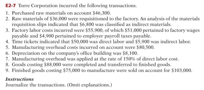 E2 7 Torre Corporation Incurred The Following Transactions 1 Purchased Raw Materials On Account 46 300 2 Raw Materi 1