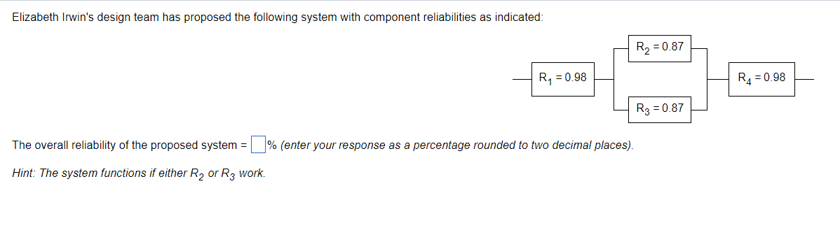 Elizabeth Irwin S Design Team Has Proposed The Following System With Component Reliabilities As Indicated R 0 98 The 1