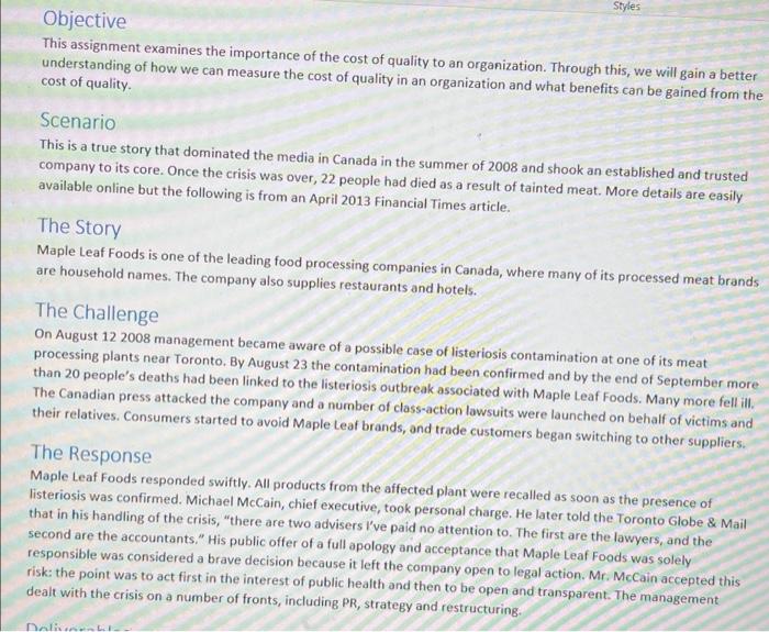 Styles Objective This Assignment Examines The Importance Of The Cost Of Quality To An Organization Through This We Wil 2