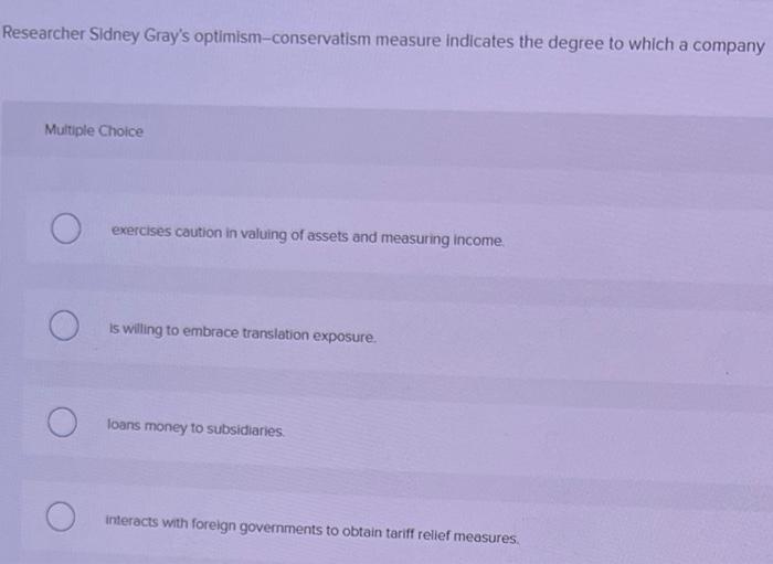 Researcher Sidney Gray S Optimism Conservatism Measure Indicates The Degree To Which A Company Multiple Choice O Exercis 1
