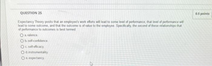 Question 25 Expectancy Theory Posits That An Employee S Work Efforts Will Lead To Some Level Of Performance That Level 1