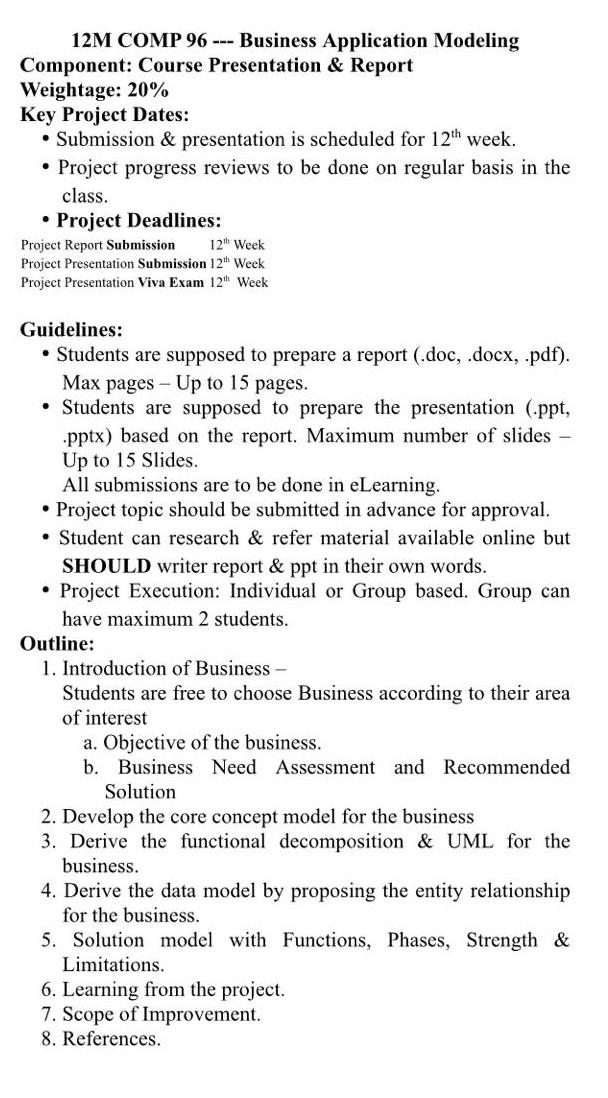 12m Comp 96 Business Application Modeling Component Course Presentation Report Weightage 20 Key Project Dates 1