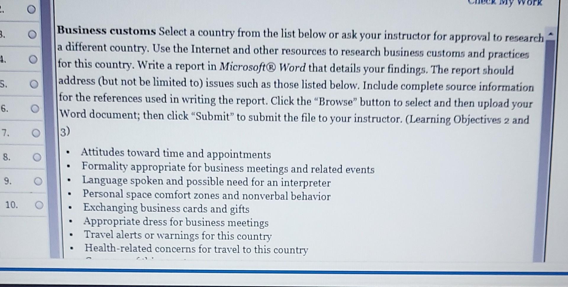 2 3 4 5 6 7 8 9 10 Business Customs Select A Country From The List Below Or Ask Your Instructor For Approval To 1