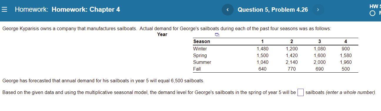 Homework Homework Chapter 4 Question 5 Problem 4 26 George Kyparisis Owns A Company That Manufactures Sailboats Actu 1