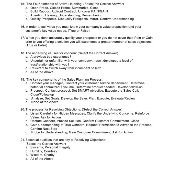 15 The Four Elements Of Active Listening Select The Correct Answer A Open Probe Closed Probe Summarize Close B 1