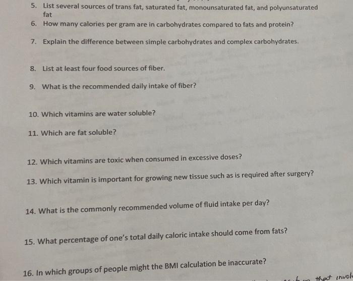 5 List Several Sources Of Trans Fat Saturated Fat Monounsaturated Fat And Polyunsaturated Fat 6 How Many Calories P 1