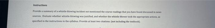 Instructions Provide A Summary Of A Whistle Blowing Incident Not Mentioned The Course Readings That You Have Found Discu 1