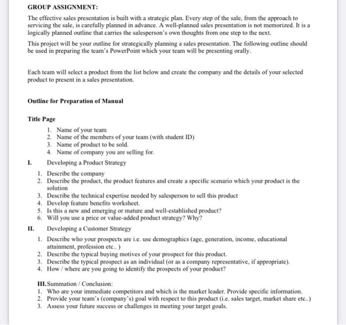 Group Assignment The Effective Sales Presentation Is Built With A Strategic Plan Every Step Of The Sale From The Appr 2