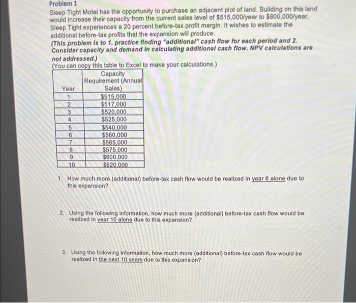 Problem 1 Sleep Tight Motel Has The Opportunity To Purchase An Adjacent Plot Of Land Building On This Land Would Increa 1