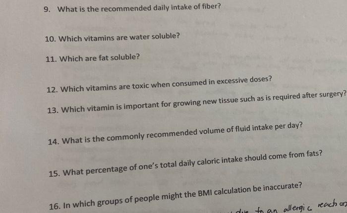 9 What Is The Recommended Daily Intake Of Fiber 10 Which Vitamins Are Water Soluble 11 Which Are Fat Soluble 12 W 1