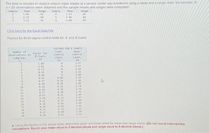 The Time In Minutes To Replace Vehicle Wiper Blades At A Service Center Was Monitored Using A Mean And A Range Chart Si 1