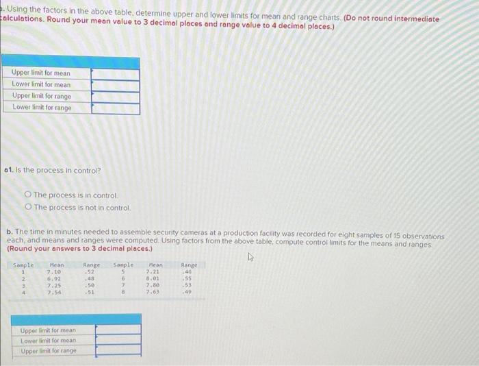 The Time In Minutes To Replace Vehicle Wiper Blades At A Service Center Was Monitored Using A Mean And A Range Chart Si 2
