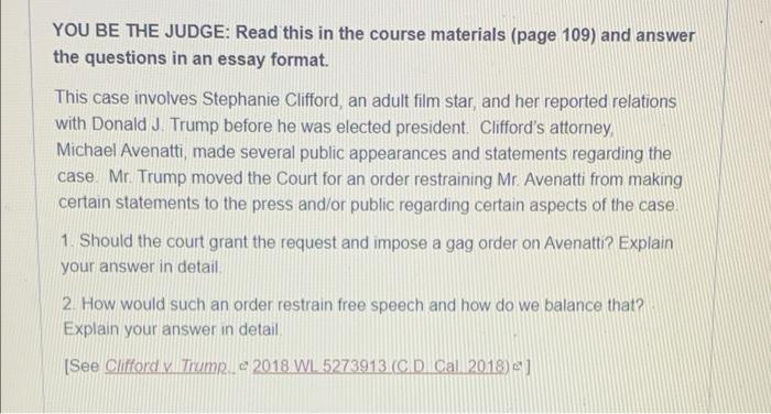 You Be The Judge Read This In The Course Materials Page 109 And Answer The Questions In An Essay Format This Case In 1