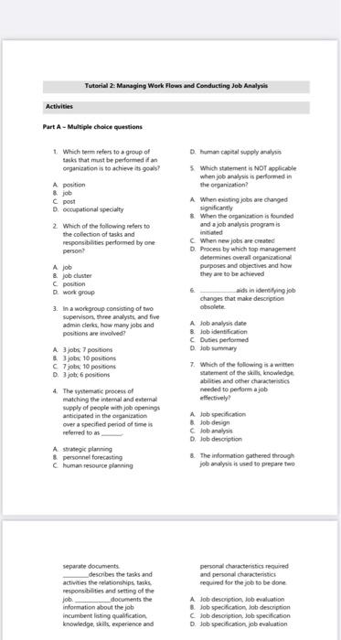 Activities Tutorial 2 Managing Work Flows And Conducting Job Analysis Part A Multiple Choice Questions 1 Which Term Re 1