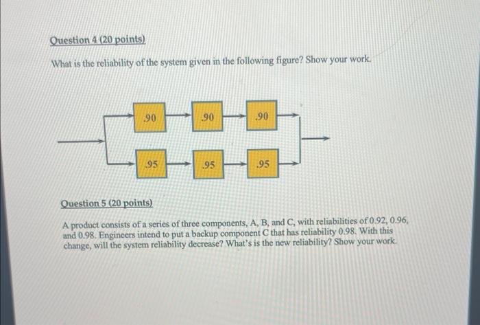 Question 4 20 Points What Is The Reliability Of The System Given In The Following Figure Show Your Work 90 95 90 95 1