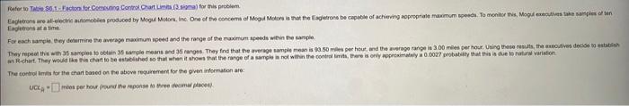 Refer To Table 30 1 Factor For Comesting Control Chart Limits 3 Sigma For This Problem Eagletrons Are Al Electric Auto 1