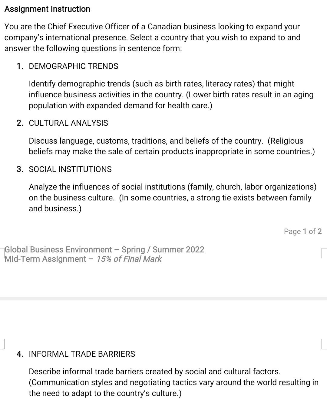 Assignment Instruction You Are The Chief Executive Officer Of A Canadian Business Looking To Expand Your Company S Inter 1