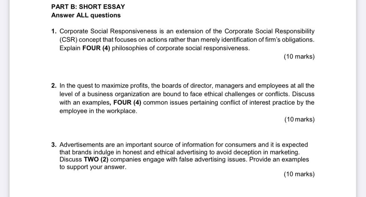 Part B Short Essay Answer All Questions 1 Corporate Social Responsiveness Is An Extension Of The Corporate Social Resp 1