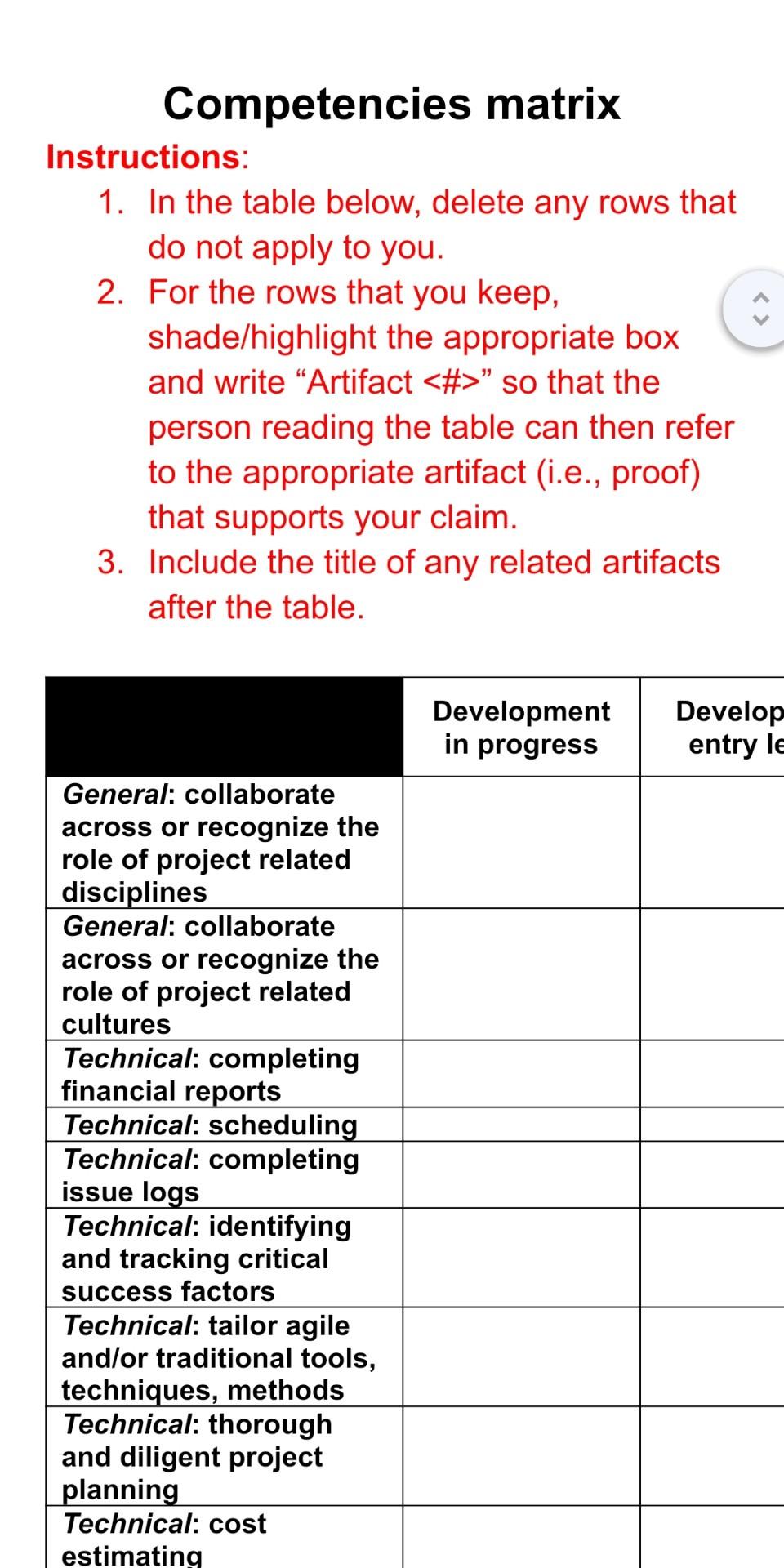 Competencies Matrix Instructions 1 In The Table Below Delete Any Rows That Do Not Apply To You 2 For The Rows That 1