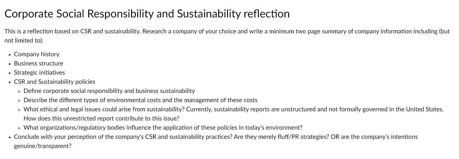 Corporate Social Responsibility And Sustainability Reflection This Is A Reflection Based On Csr And Sustainability Rese 1