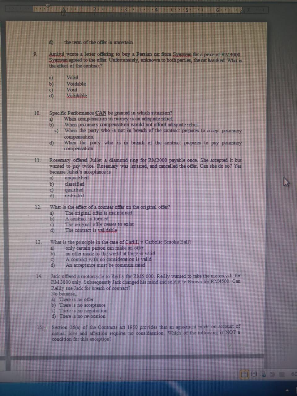 9 Kkyk 10 H N 13 14 D A B C D 8 B The Term Of The Offer Is Uncertain Amirul Wrote A Letter Offering To Buy A Pe 1