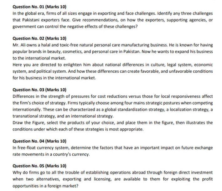 Question No 01 Marks 10 In The Global Era Firms Of All Sizes Engage In Exporting And Face Challenges Identify Any T 1