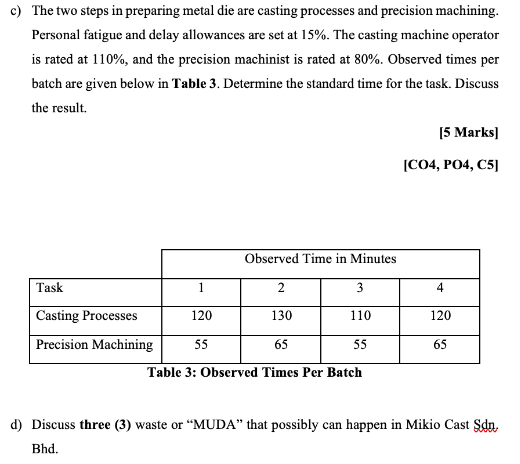 C The Two Steps In Preparing Metal Die Are Casting Processes And Precision Machining Personal Fatigue And Delay Allowa 1