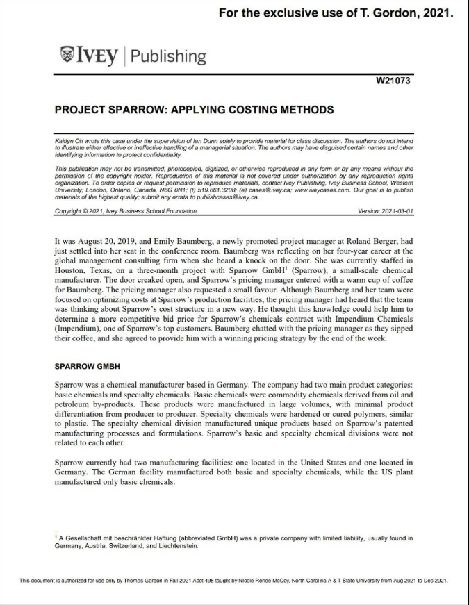 Ivey Publishing For The Exclusive Use Of T Gordon 2021 Project Sparrow Applying Costing Methods W21073 Kaitlyn Oh W 1