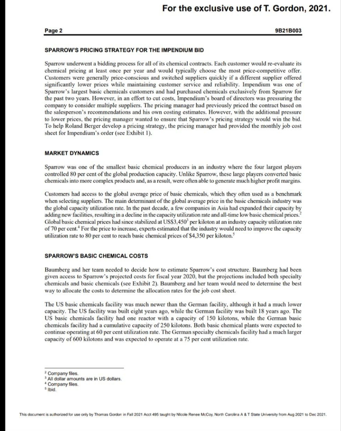 Ivey Publishing For The Exclusive Use Of T Gordon 2021 Project Sparrow Applying Costing Methods W21073 Kaitlyn Oh W 2