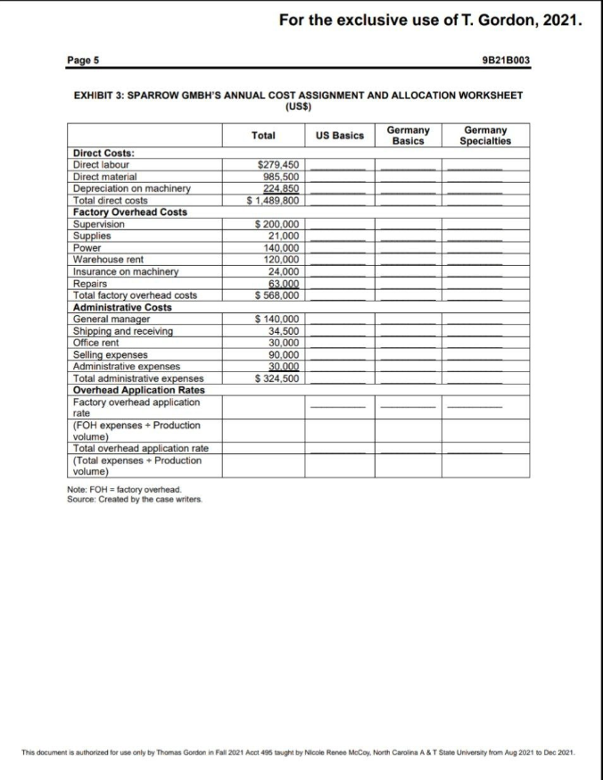 Ivey Publishing For The Exclusive Use Of T Gordon 2021 Project Sparrow Applying Costing Methods W21073 Kaitlyn Oh W 5