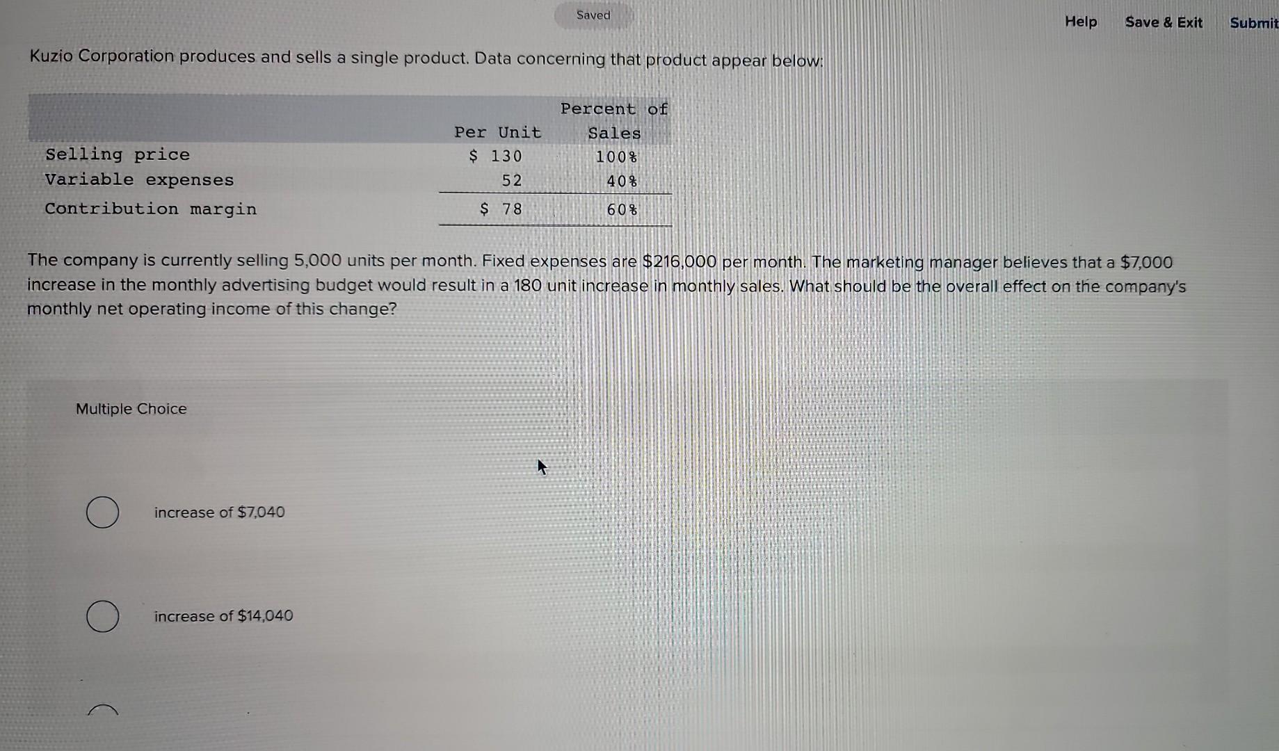 Kuzio Corporation Produces And Sells A Single Product Data Concerning That Product Appear Below Selling Price Variable 1