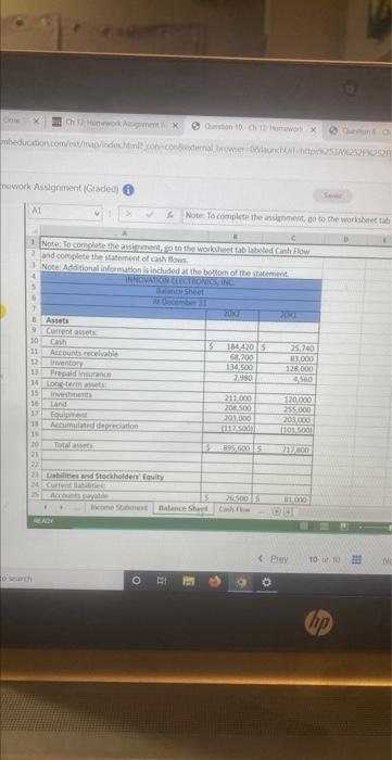 Work Assignment De E D At Required Complete The Statement Of Cash Flows Indirect Method Shown Below By Using Formules T 4