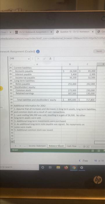 Work Assignment De E D At Required Complete The Statement Of Cash Flows Indirect Method Shown Below By Using Formules T 5