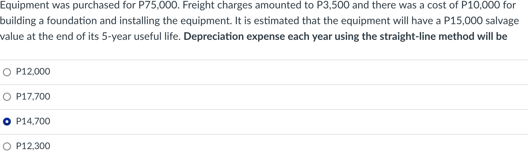 Equipment Was Purchased For P75 000 Freight Charges Amounted To P3 500 And There Was A Cost Of P10 000 For Building A F 1