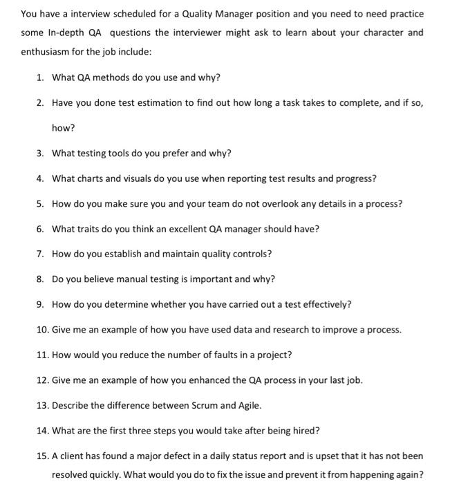You Have A Interview Scheduled For A Quality Manager Position And You Need To Need Practice Some In Depth Qa Questions T 2