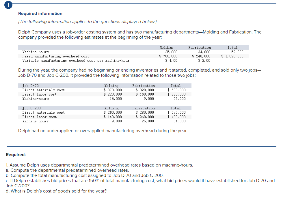 Required Information The Following Information Applies To The Questions Displayed Below Delph Company Uses A Job Orde 1