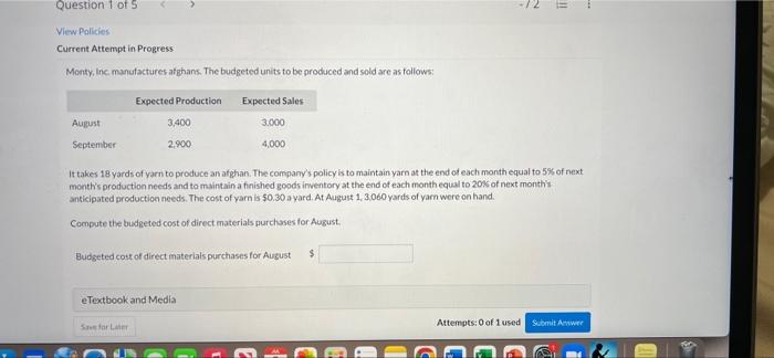 Question 1 Of 5 View Policies Current Attempt In Progress Monty Inc Manufactures Afghans The Budgeted Units To Be Pro 1