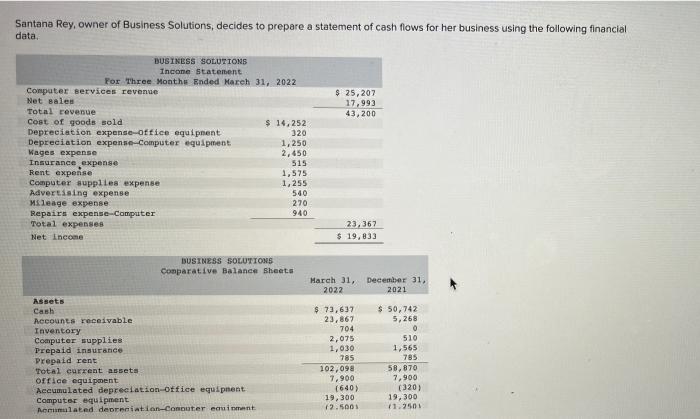 Santana Rey Owner Of Business Solutions Decides To Prepare A Statement Of Cash Flows For Her Business Using The Follow 1