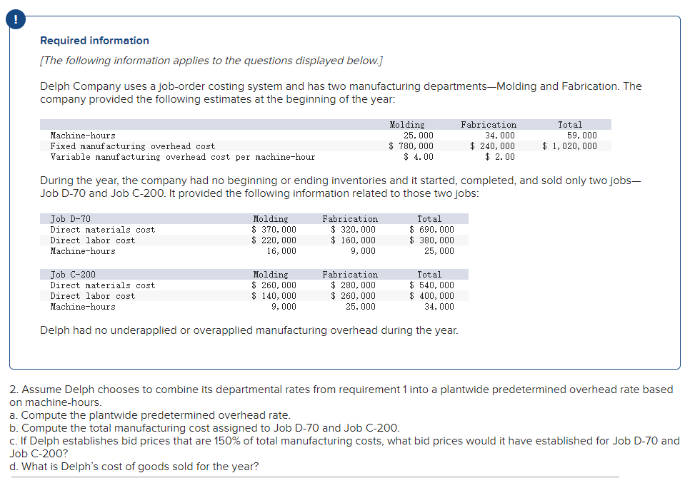 Required Information The Following Information Applies To The Questions Displayed Below Delph Company Uses A Job Or 1