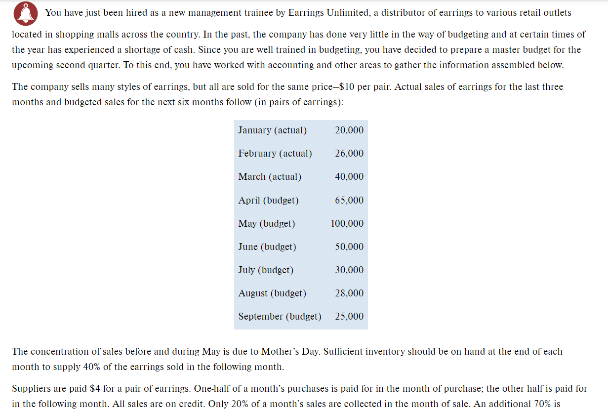 You Have Just Been Hired As A New Management Trainee By Earrings Unlimited A Distributor Of Earrings To Various Retail 1