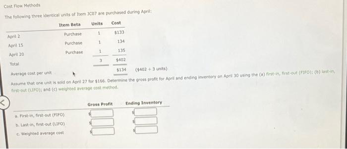 Cost Flow Methods The Following Three Identical Units Of Item 3c07 Are Purchased During April Item Beta Units Cost Purc 1