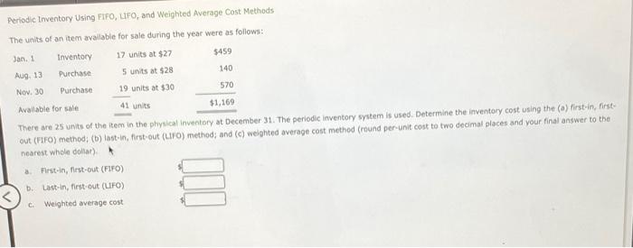 Periodic Inventory Using Fifo Lifo And Weighted Average Cost Methods The Units Of An Item Available For Sale During Th 1
