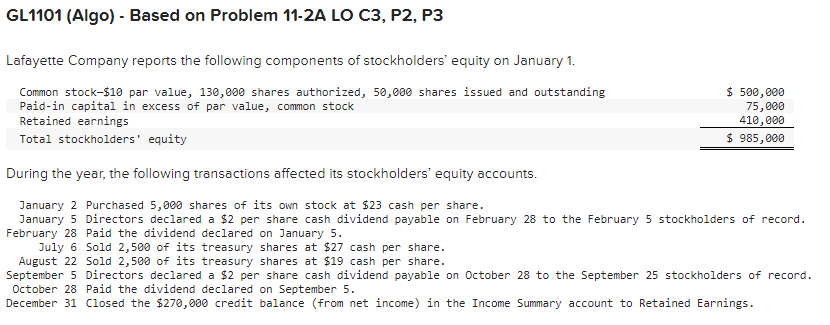 Gl1101 Algo Based On Problem 11 2a Lo C3 P2 P3 Lafayette Company Reports The Following Components Of Stockholders 1